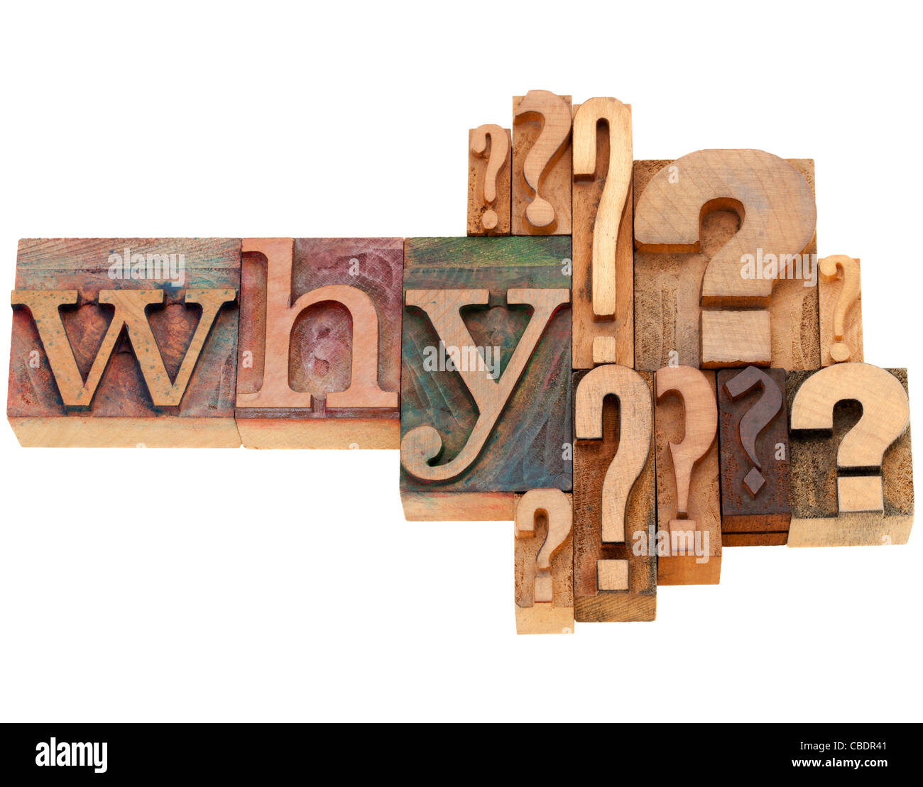 ¿Por qué pregunta con múltiples signos de interrogación, aislado vintage tipografía bloques de madera Foto de stock