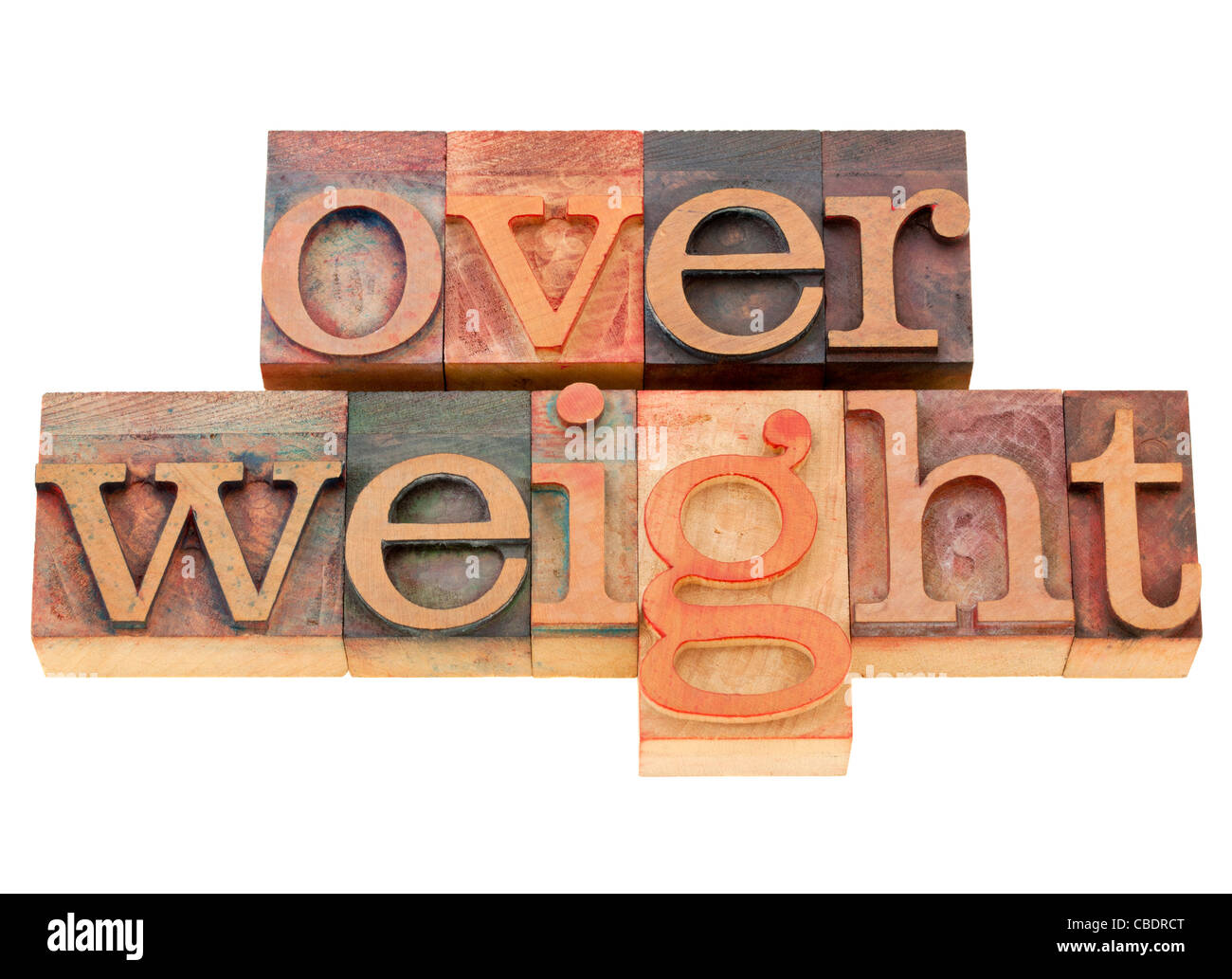 Sobrepeso - problema de salud - palabra aislada en vintage tipografía bloques de madera Foto de stock