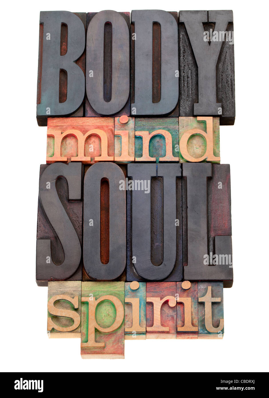 Cuerpo, Mente, alma, espíritu, aislado palabra abstracta en bloques de madera vintage tipografía Foto de stock