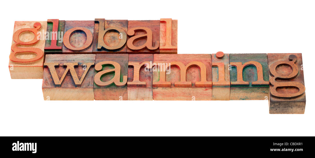 El calentamiento global frase en vintage tipografía, bloques de madera manchadas por tintas, aislado en blanco Foto de stock