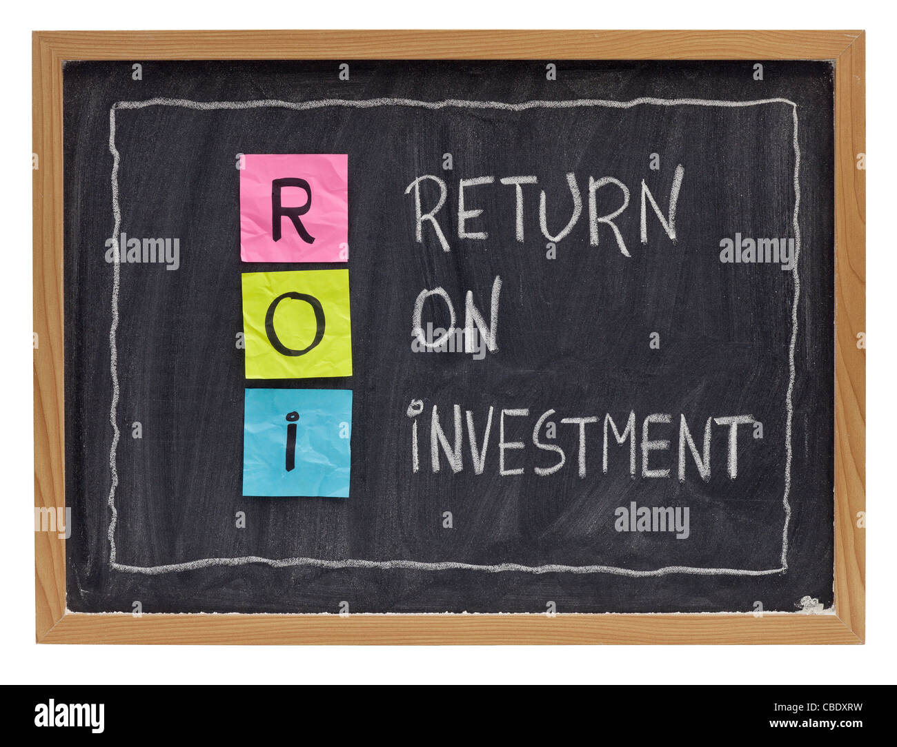 ROI - Retorno sobre la inversión el acrónimo explicó con notas adhesivas y color blanco tiza en la pizarra de escritura Foto de stock