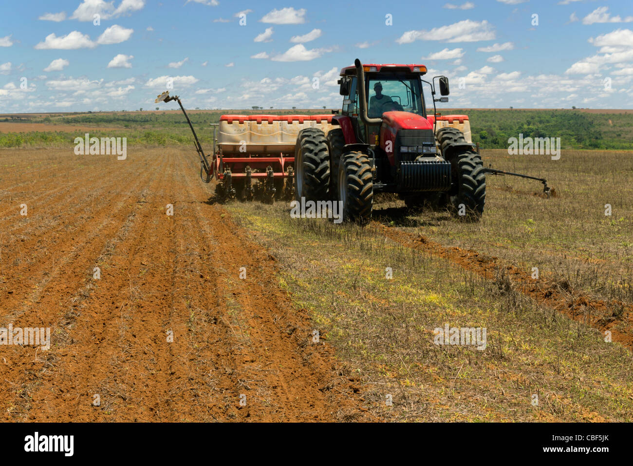 La agricultura mecanizada: siembra de maíz (máquina de siembra, plantación), al sur del estado de Goiás, Brasil central: impacto en el bioma Cerrado. Foto de stock