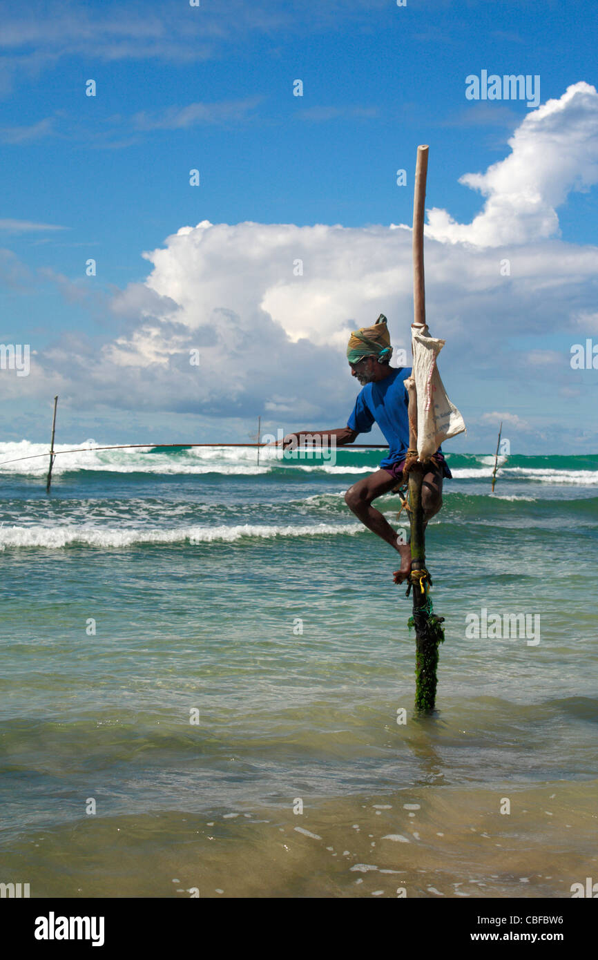 Hombre ceilandés sobre pilotes Pesca Ambalangoda Galle Sri Lanka Asia Foto de stock