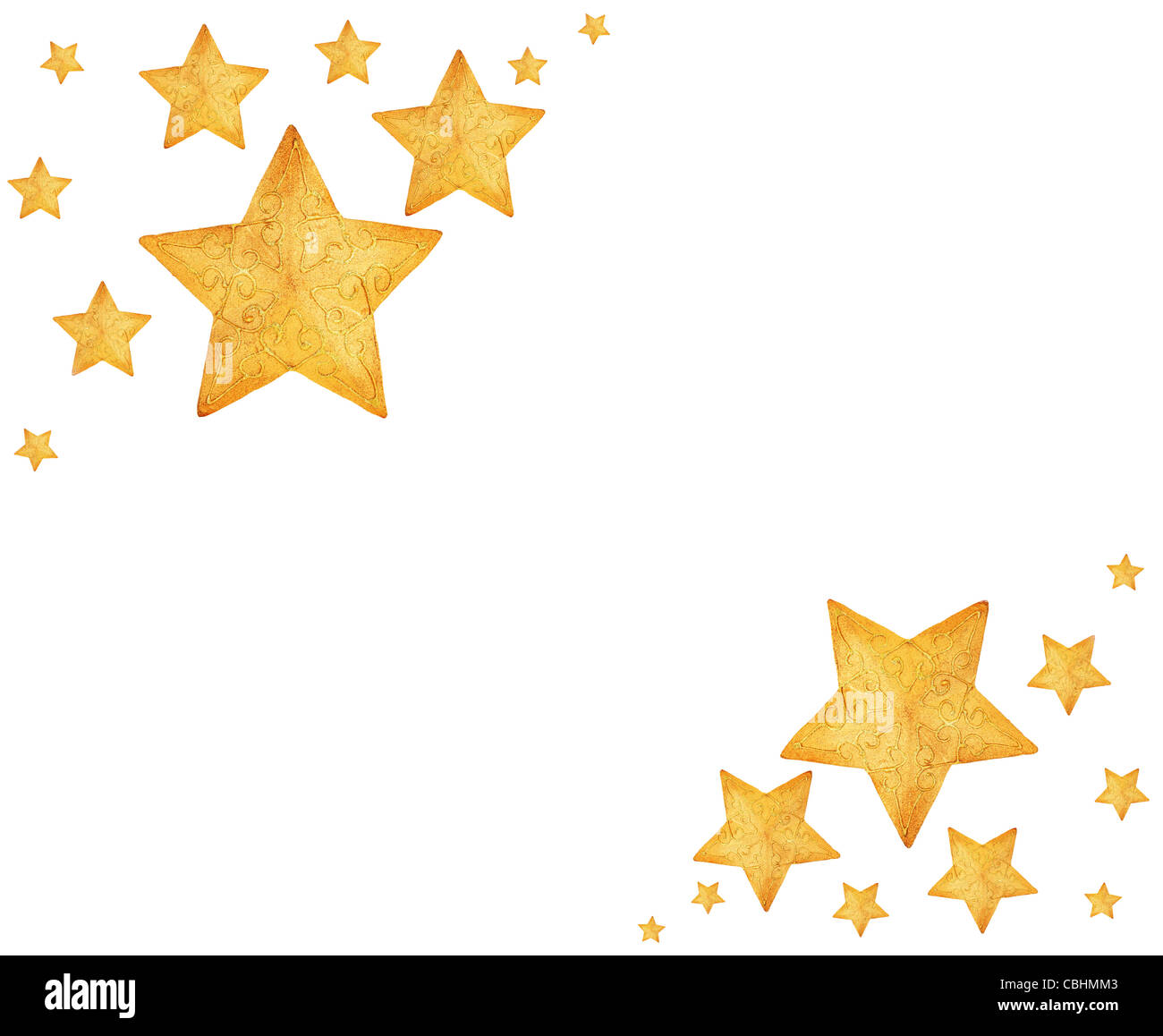 Estrellas de Oro, ornamentos para el árbol de Navidad y adornos de fiestas  aisladas sobre fondo blanco Fotografía de stock - Alamy