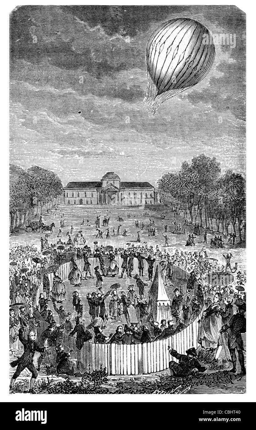 Experiencia de 27 de agosto de 1783 aviones globo viajes de transporte de energía eólica del dirigible de aire caliente del vehículo canasta de mimbre cable cápsula Foto de stock