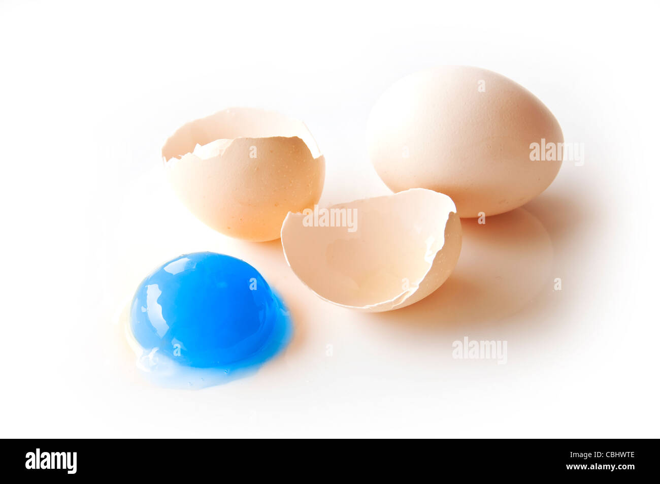 Los huevos con la yema de color azul sobre fondo blanco. Foto de stock