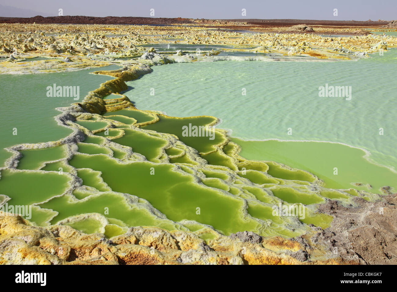 Dallol área geotérmica, terraza de sinterización como estructuras formadas por depósitos de sal de potasio salmuera hot springs, Etiopía. Foto de stock