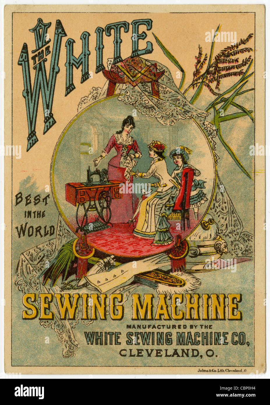 Circa 1890 comercio Victoriano blanco card, la máquina de coser Co, Cleveland, Ohio. Foto de stock