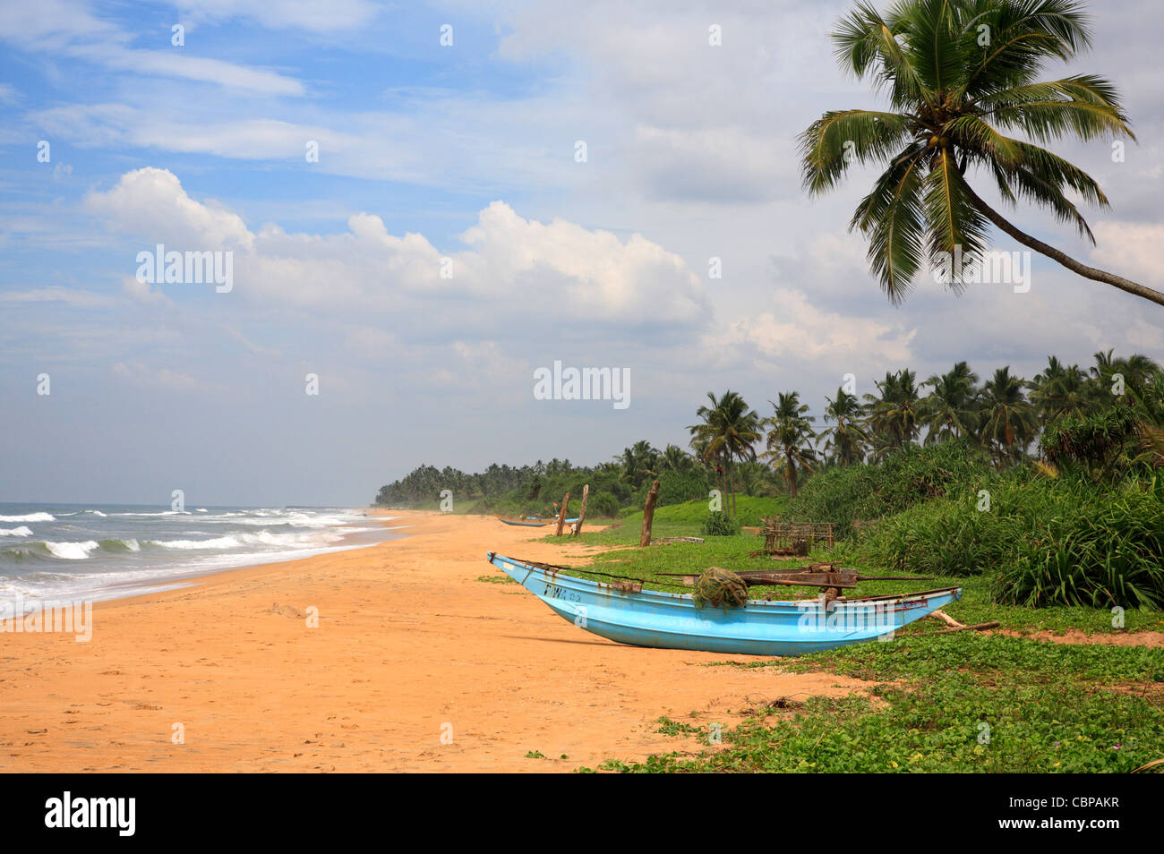 Catarmaran varado en Shoreline Wadduwa Océano Índico Sri Lanka Asia Foto de stock