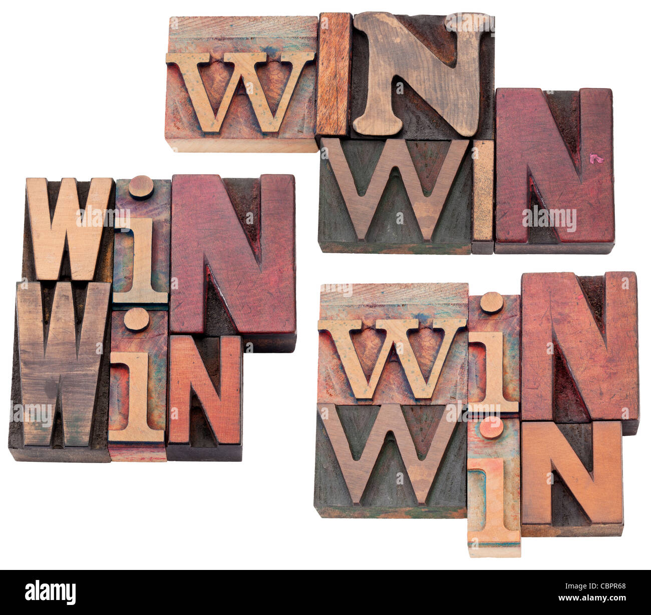 Estrategia de ganar-ganar, la negociación o la resolución de conflictos concepto - texto aislado en vintage tipografía bloques de madera Foto de stock