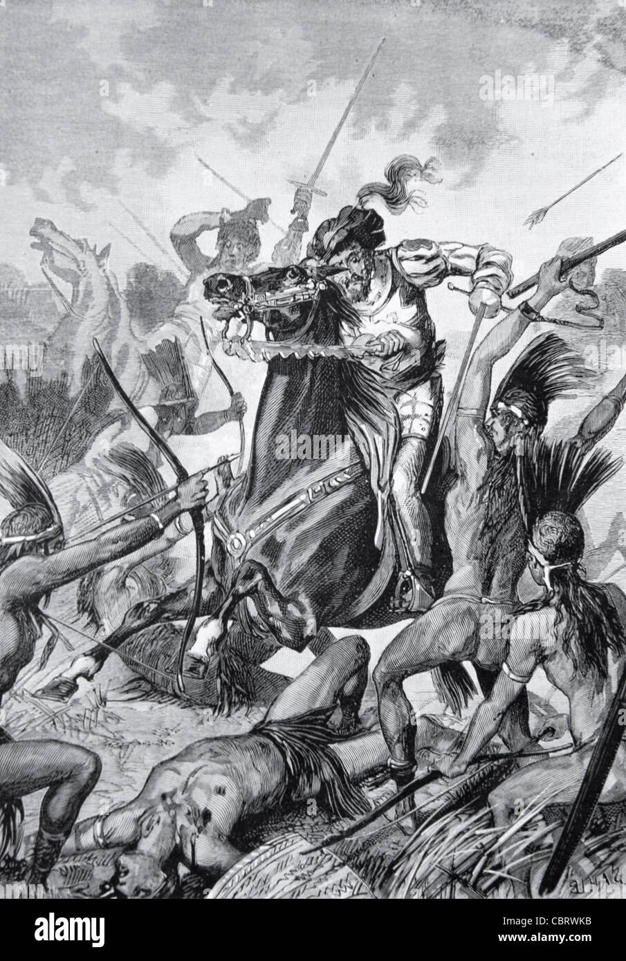 Hernando o Hernán Cortez (1485-1547) conquistador español derrotando a los aztecas en la batalla, 1519, en México. Ilustración Vintage o Grabado Foto de stock