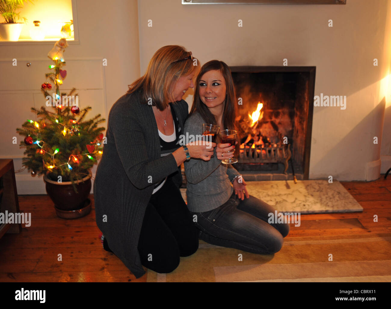Dos mujeres disfrutando de una copa de vino caliente en frente De un verdadero fuego y árbol de Navidad en casa Foto de stock
