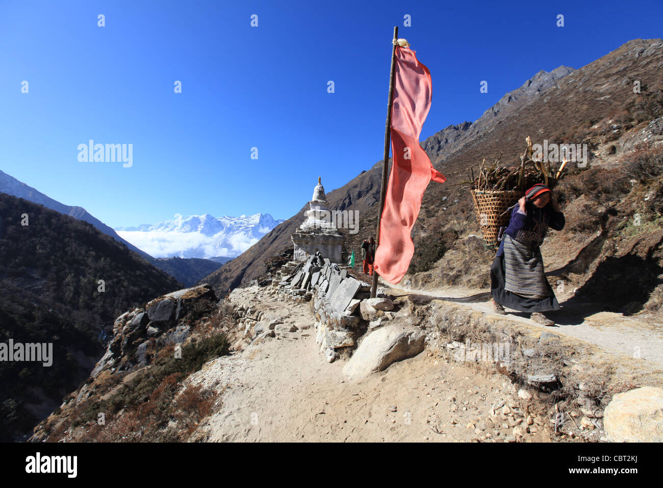 Nepalesa transportar una carga en un camino de montaña. Foto de stock