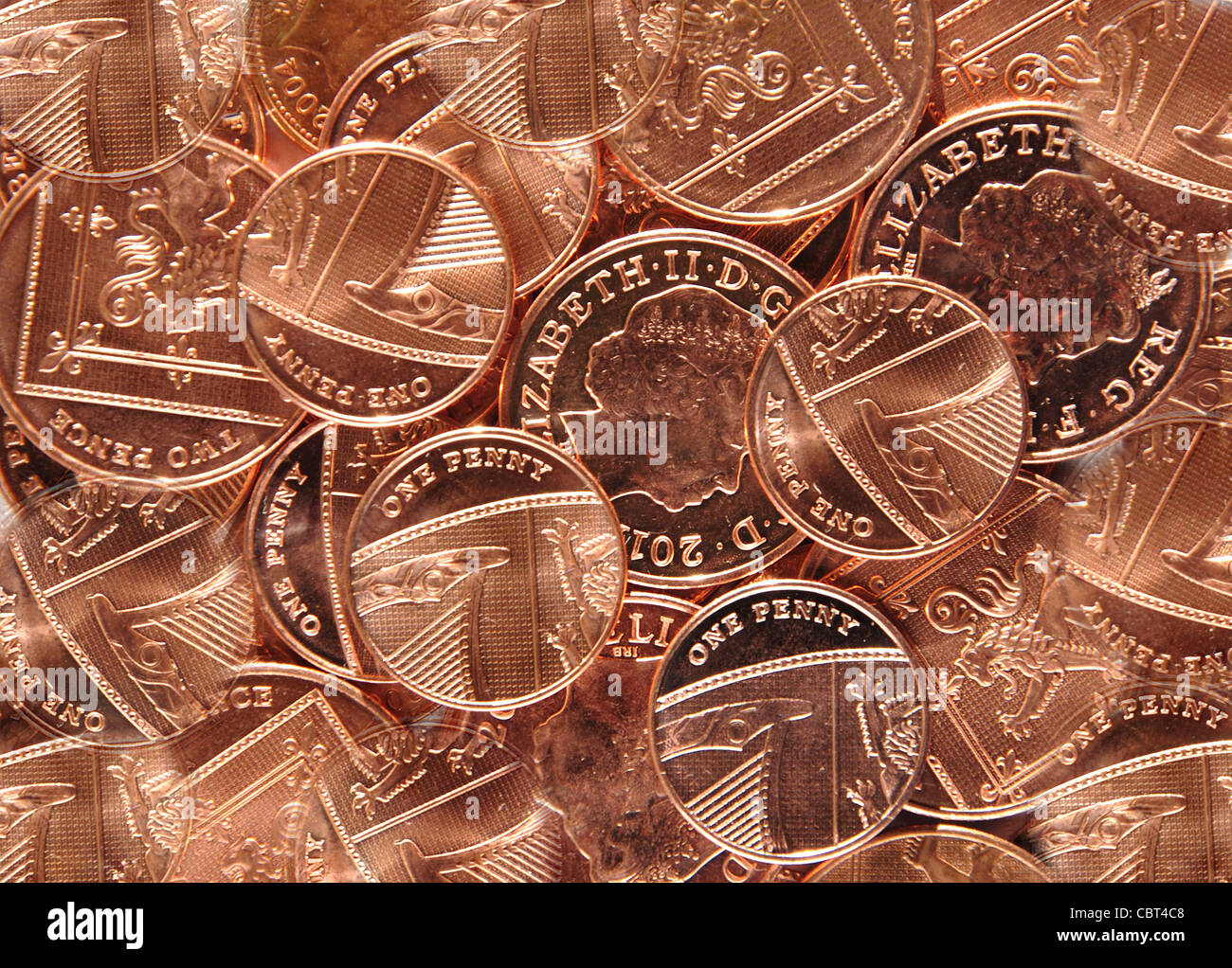 Colección de British nuevos peniques, Greater London, England, Reino Unido Foto de stock
