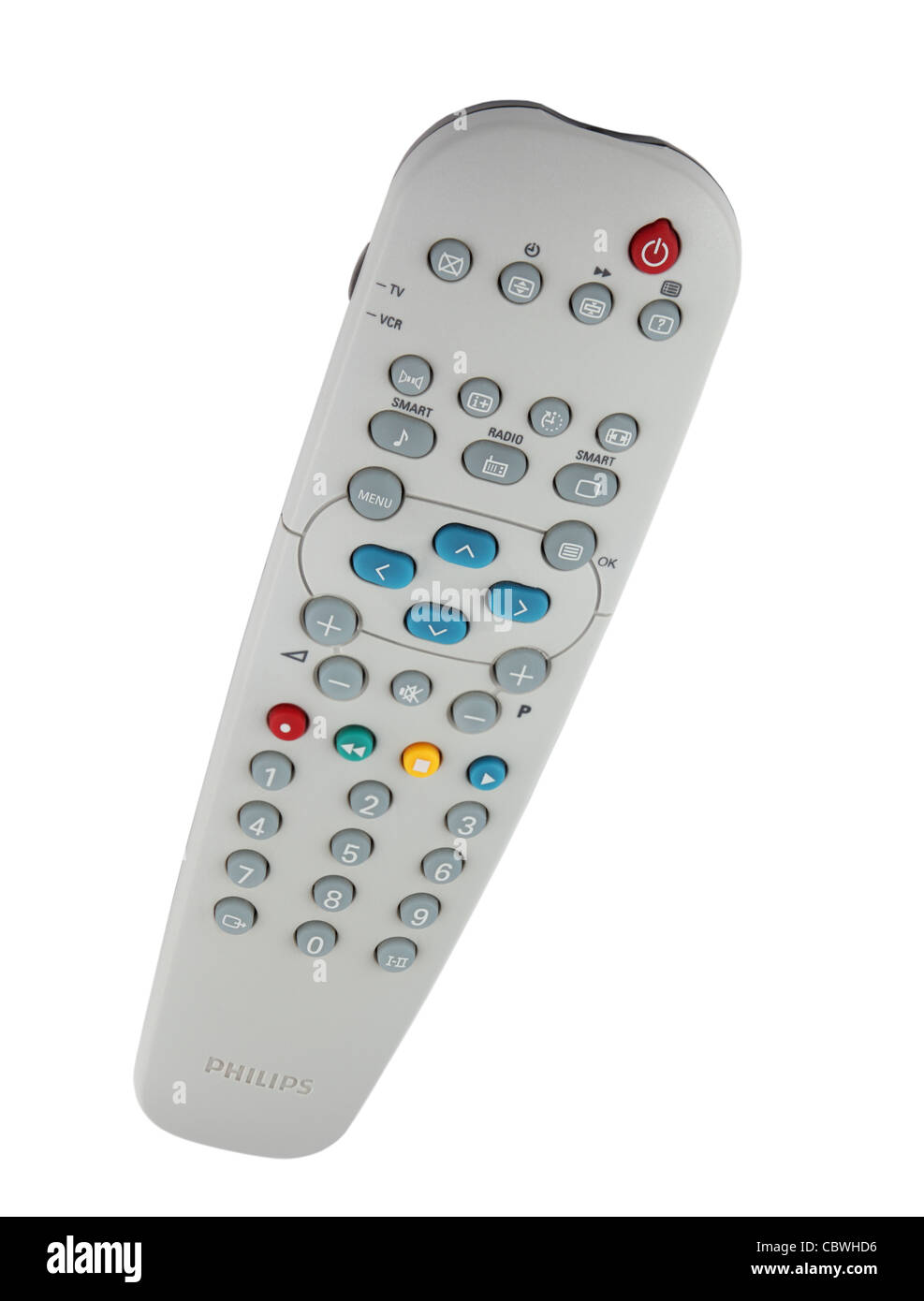 Un dispositivo de control remoto del televisor Philips aislado sobre fondo blanco. Foto de stock