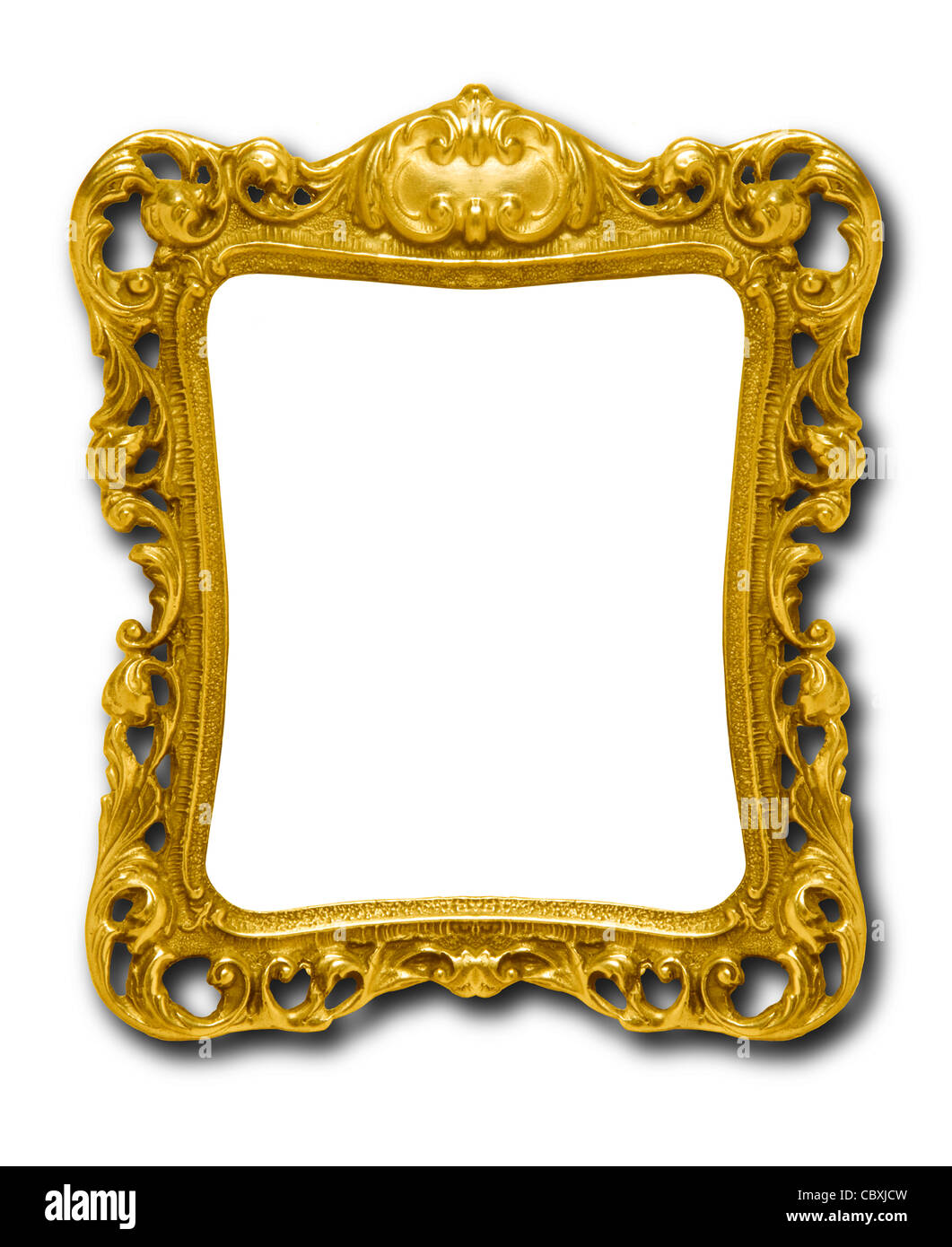 Oro ornamentado picture frame siluetas contra un fondo blanco con sombra Foto de stock