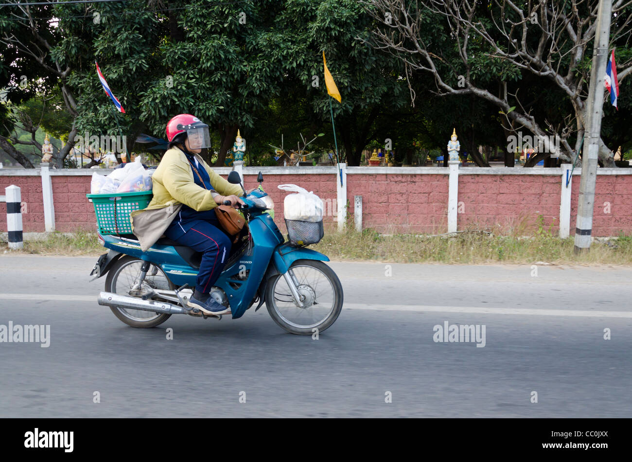 Una mujer de mediana edad con un casco viajes en moto cargados con cestas  llenas de bolsas en el norte de Tailandia Fotografía de stock - Alamy