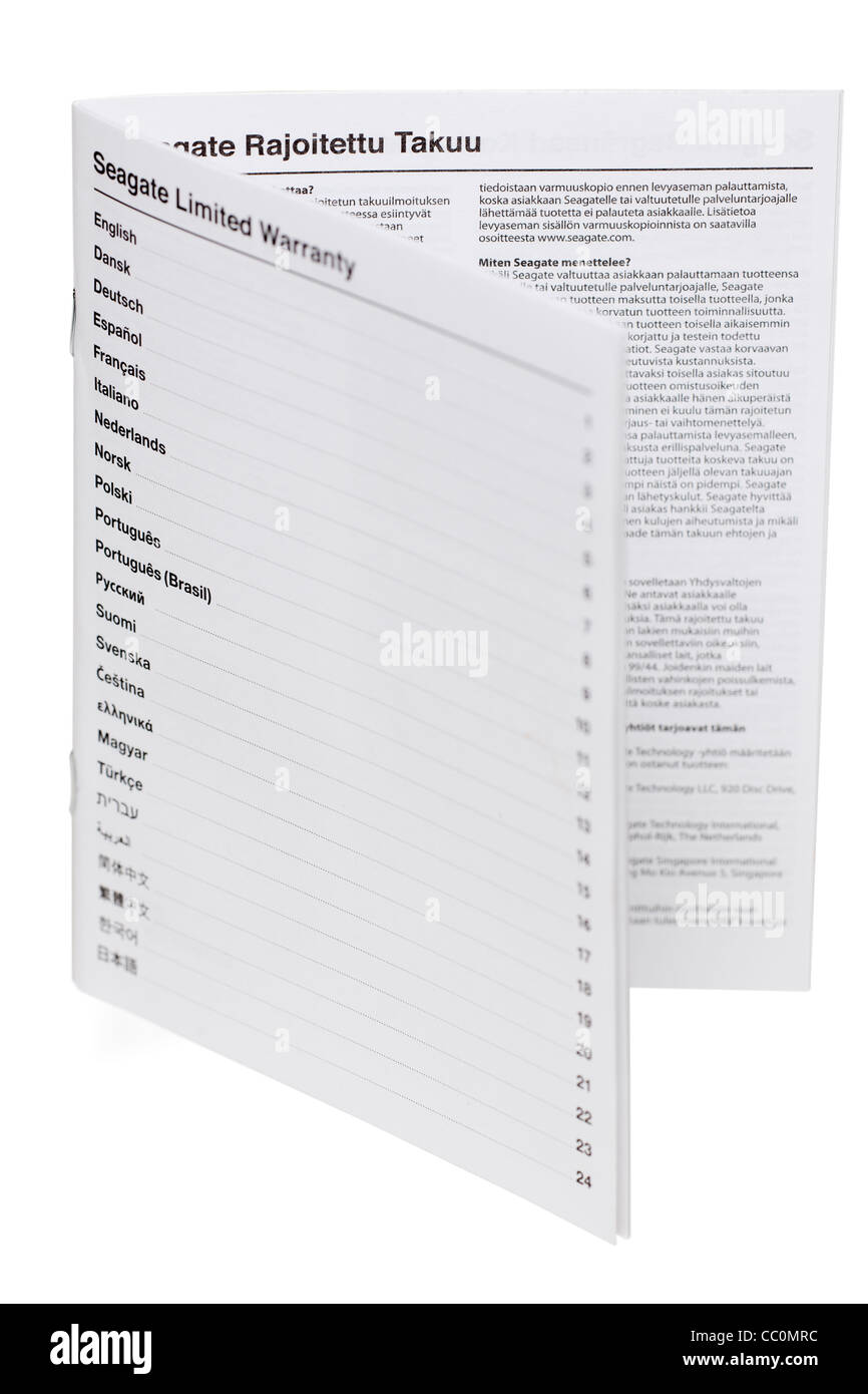 Pequeño manual folleto en papel escrito en 24 idiomas diferentes Foto de stock