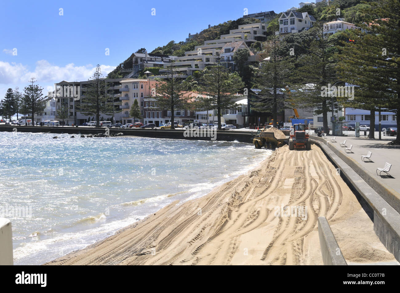 Reposición de playa en el extremo oriental de la playa de la Bahía Oriental Oriental Parade promenade, Wellington, Nueva Zelanda. Foto de stock