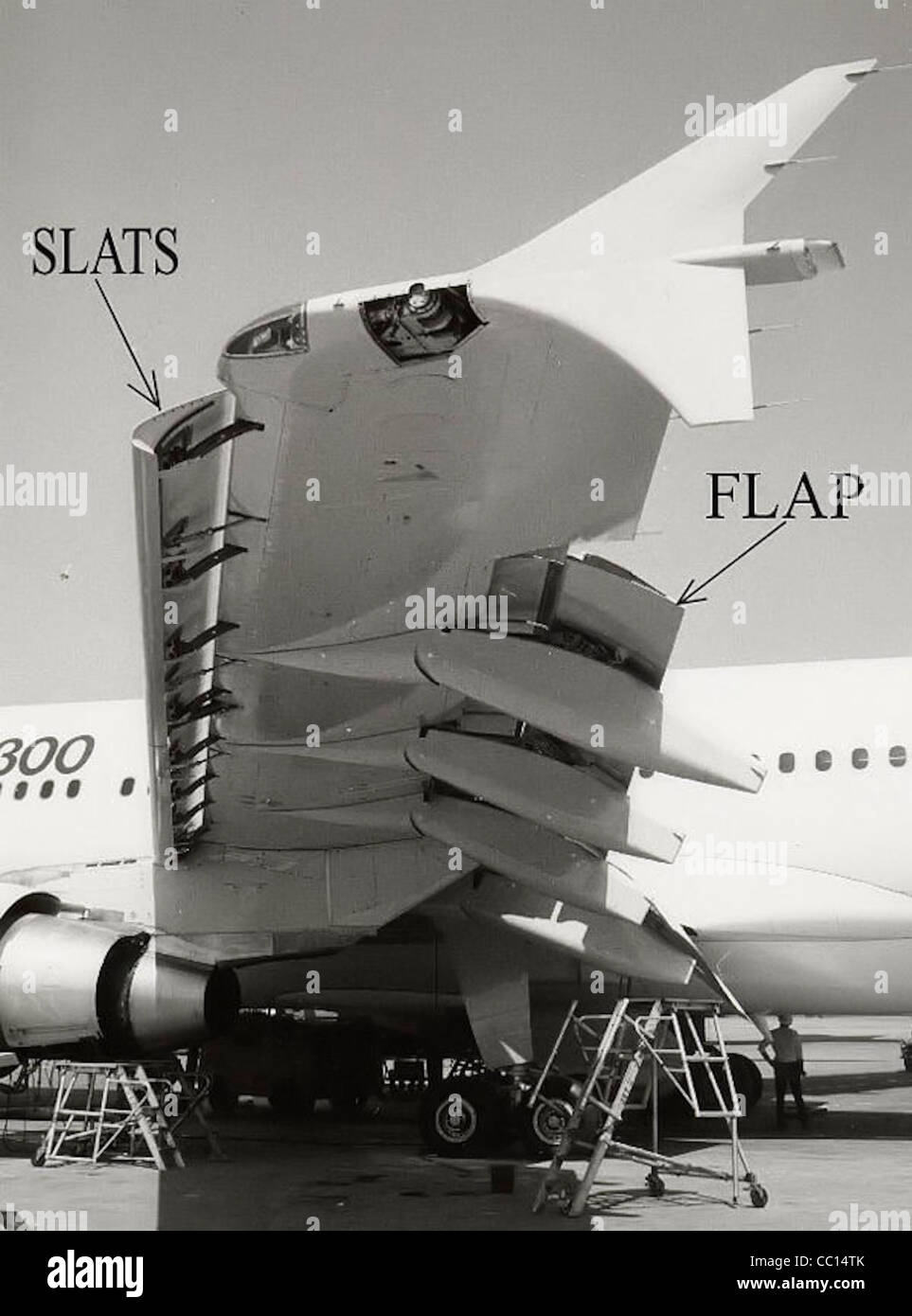 La posición de los slats en un avión (Airbus A310-300). Foto de stock