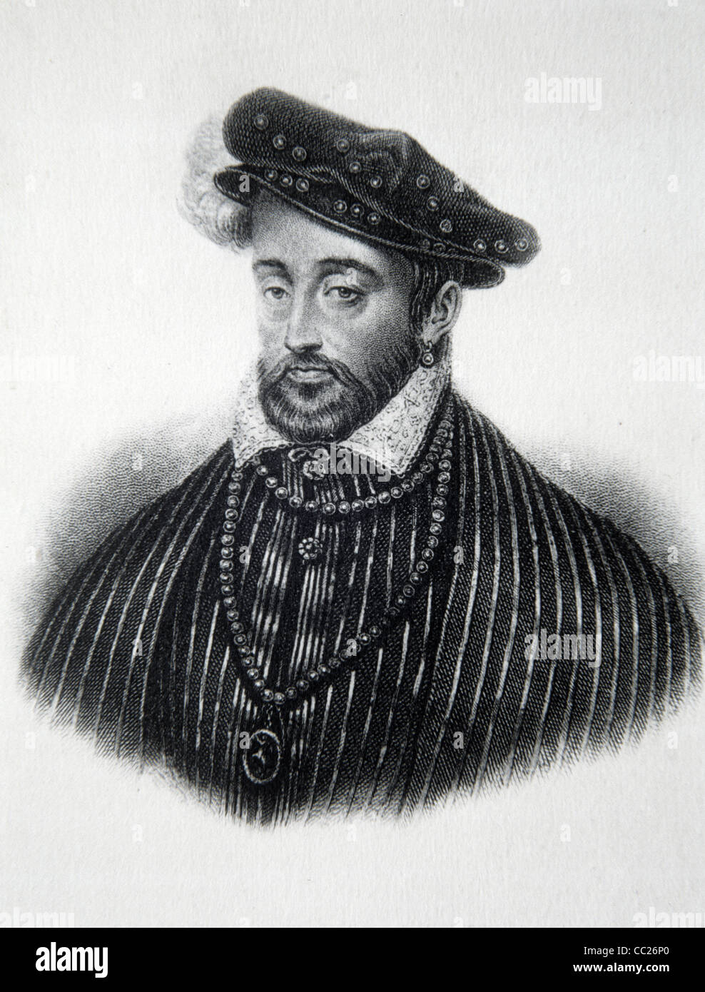 Retrato de Enrique II de Francia (1519-1559) Rey de Francia (1547-1559). Ilustración Vintage o Grabado Foto de stock