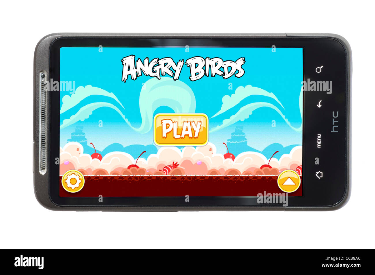 El tremendamente popular juego Angry Birds en un smartphone HTC Foto de stock