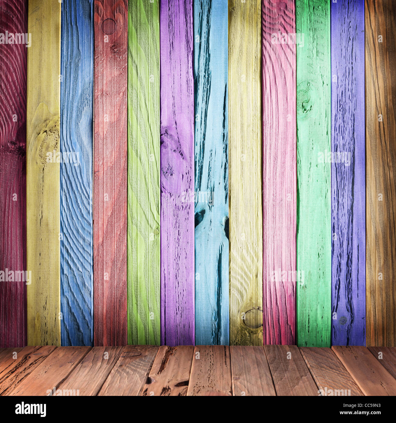 Pared multicolor de tablones de madera. Estilo Vintage Fotografía de