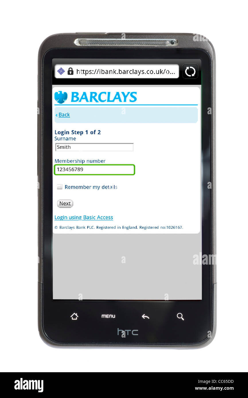 En línea con el Banco Barclays banca móvil en un smartphone HTC Foto de stock