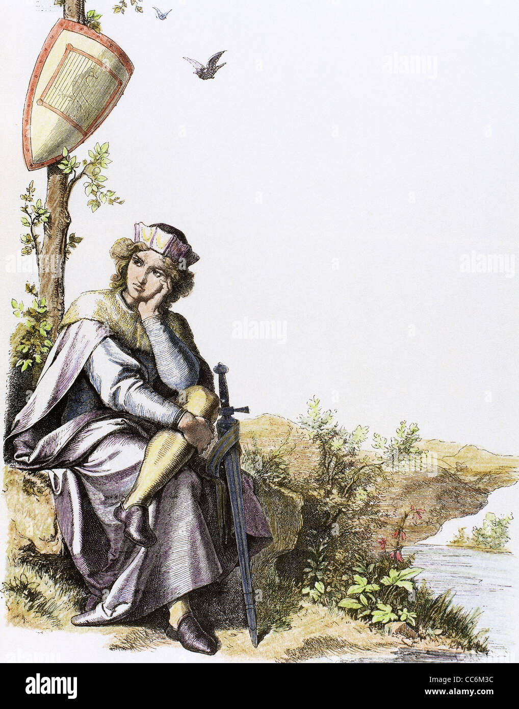 Edad media. El príncipe. Grabado en 'Germania', de 1882. Coloreada. Foto de stock