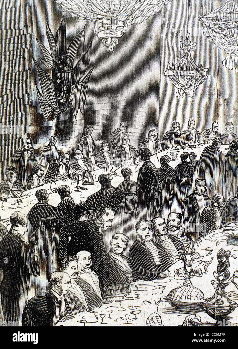 Banquete ofrecido a los huéspedes en una ceremonia de apertura. Grabado. A principios del siglo XX. Foto de stock