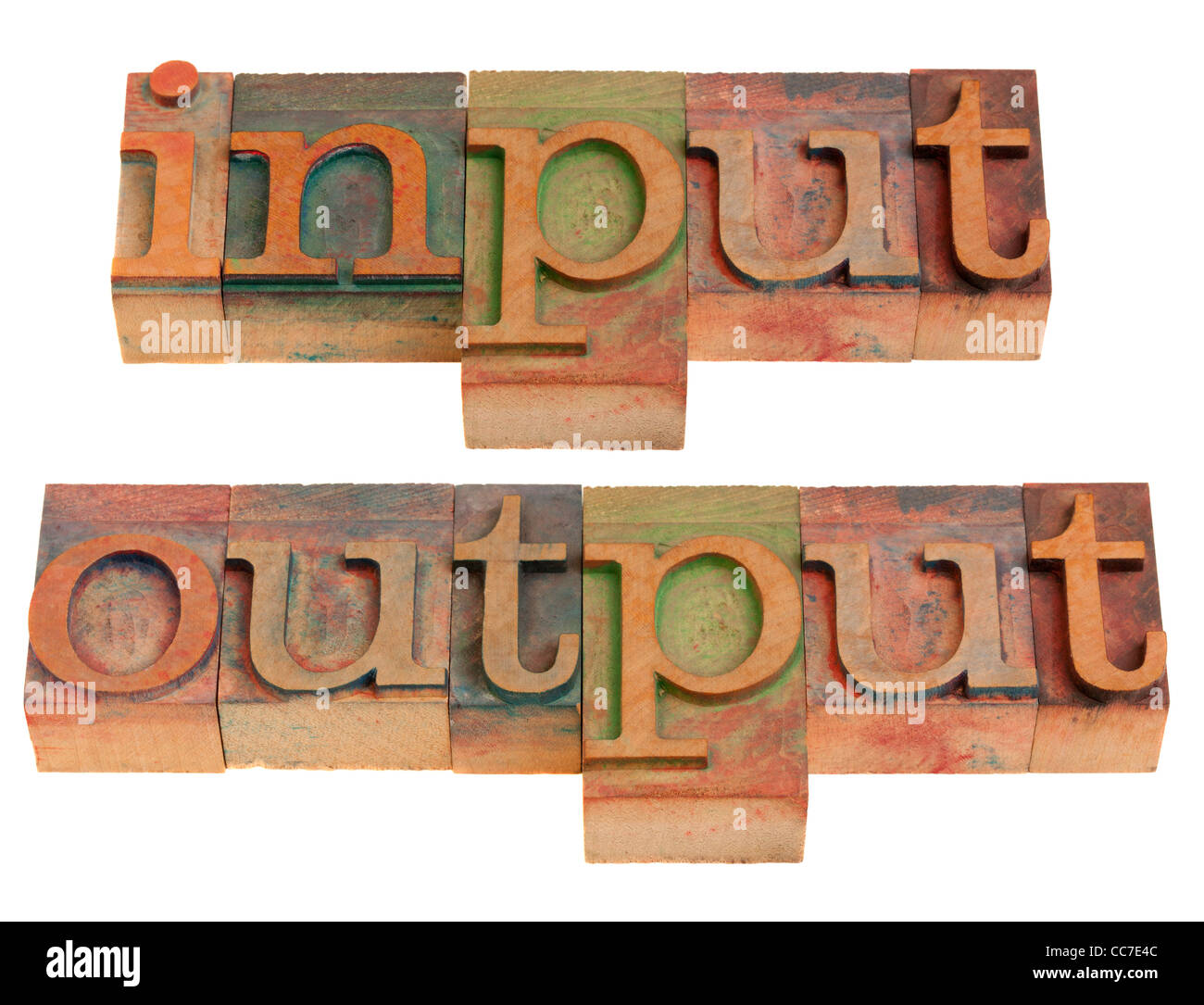Palabras de entrada y de salida en bloques de madera vintage tipografía aislado en blanco Foto de stock