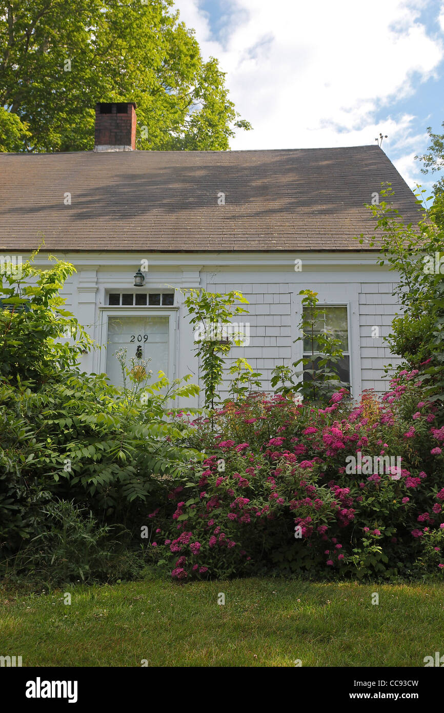 Flores y verdor, en frente de una casa en Cape Cod en verano Foto de stock