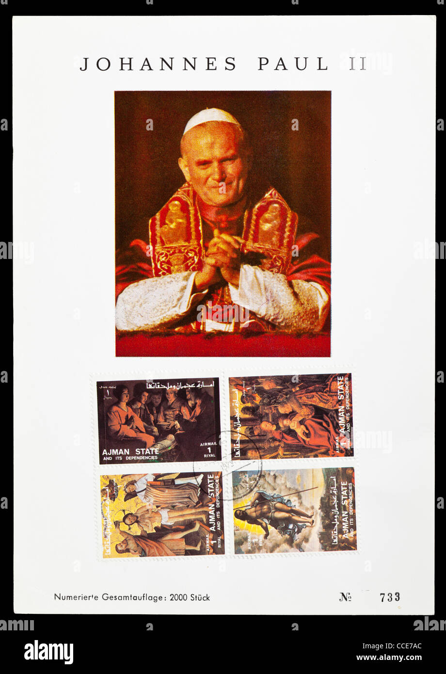 Página conmemorativa de la visita del Papa Juan Pablo II. al estado de Ajman Foto de stock