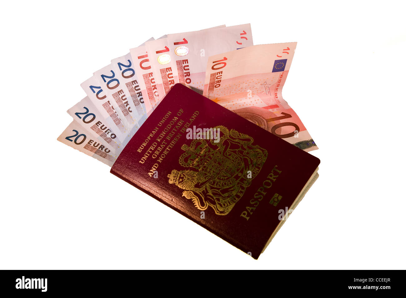 Corte de pasaporte con billetes de banco en euros. Jan 2012 Foto de stock