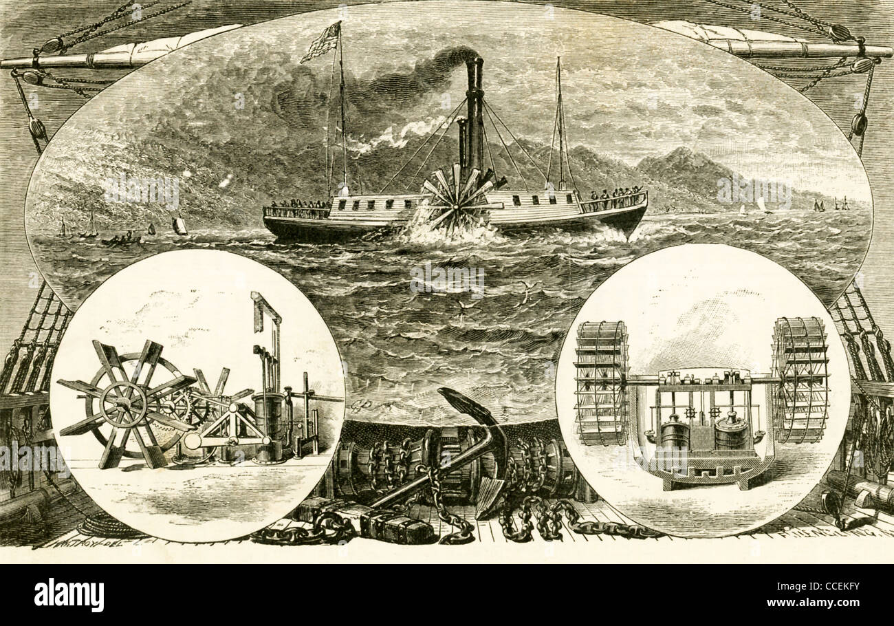 Esta ilustración muestra inventor Robert Fulton's primer barco, Clermont, en el medio del Río