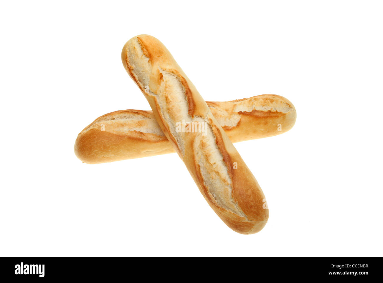 Dos rollos de pan de baguette aislado contra un blanco Foto de stock