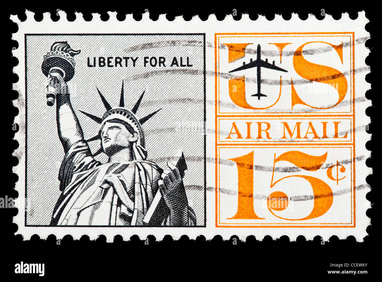Sello: correo aéreo de los Estados Unidos, la Estatua de la Libertad, "Libertad para todos", el 15% de 1961, estampado Foto de stock