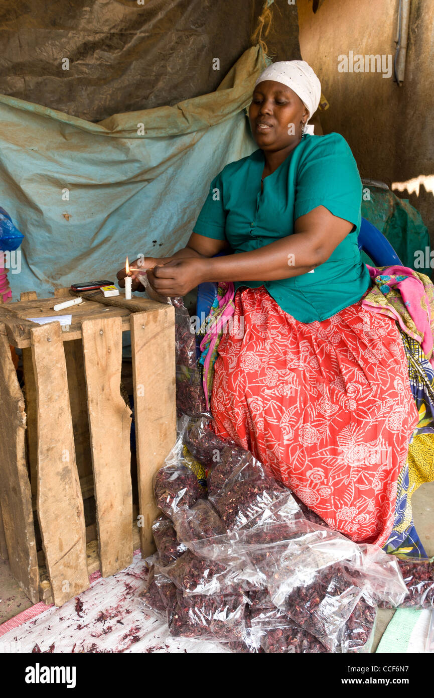 Una mujer packs y juntas las hierbas en bolsas de plástico en la región de Kilimanjaro Moshi Tanzania Foto de stock