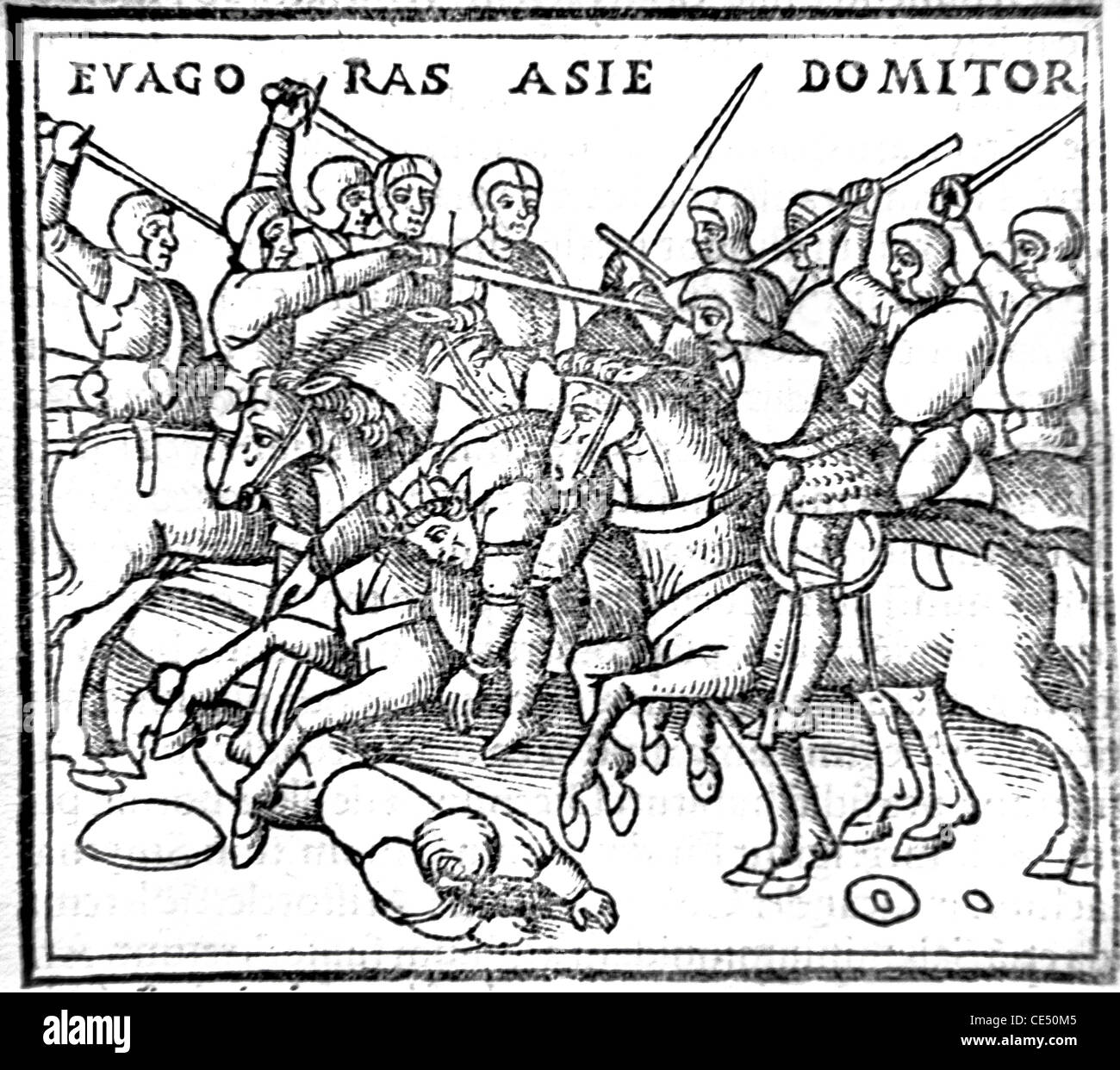 Alejandro Magno y su ejército o tropas en una escena de batalla conquistar Asia, grabado en madera del siglo XVI Foto de stock
