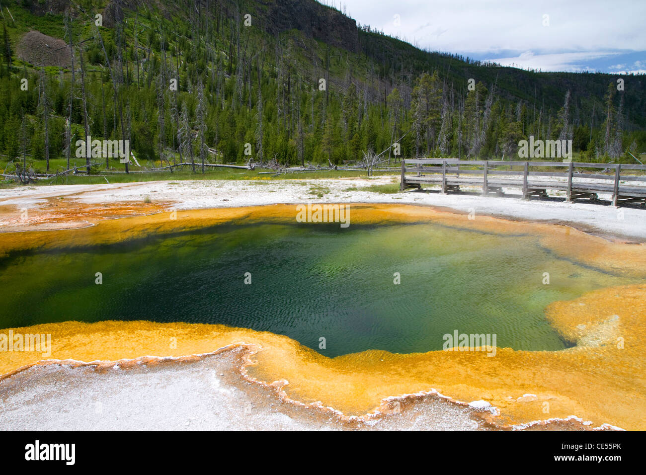 Emerald Pool en la cuenca de arena negra en el Parque Nacional Yellowstone, Wyoming, Estados Unidos. Foto de stock