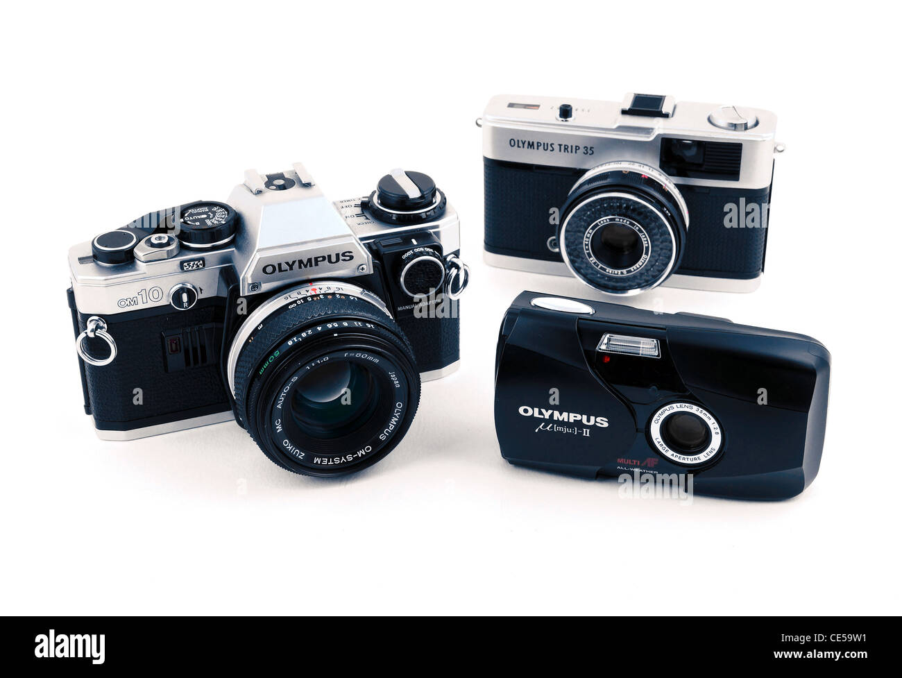 Una colección de antiguas cámaras de película 35mm Olympus Foto de stock