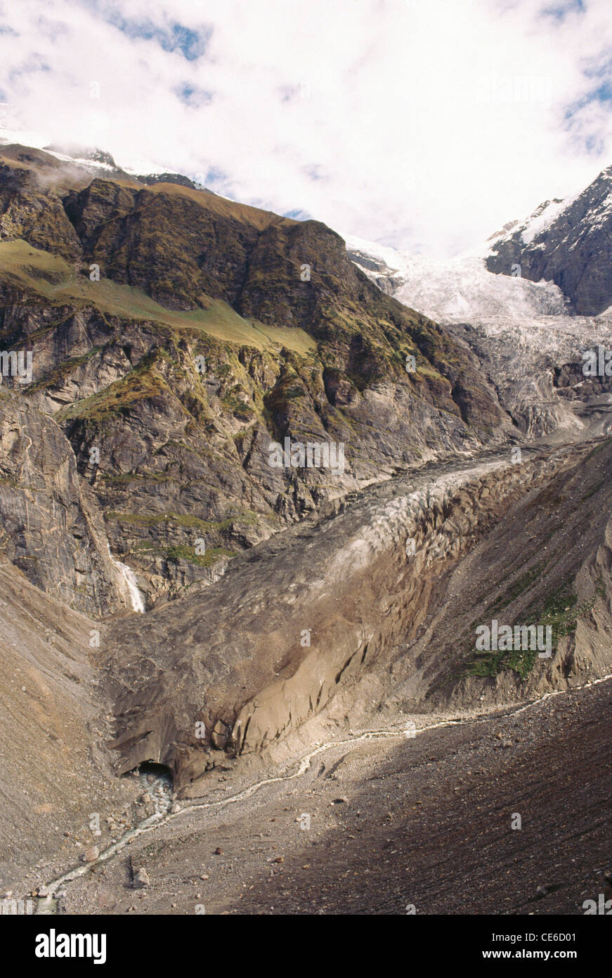 Fuente del río Pindar bajo el glaciar Pindari ; distrito de Bageshwar ; región de Kumaon ; Uttar Pradesh ; Uttarakhand ; India ; Asia Foto de stock
