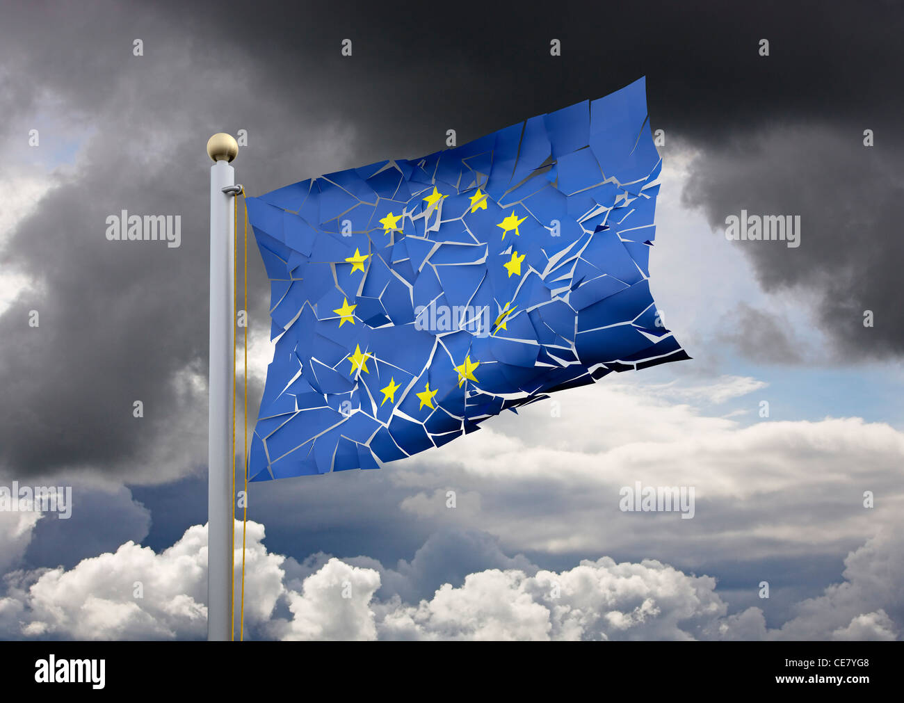 Agrietamiento de la bandera de la UE - concepto Brexit referéndum / euro desintegración de la Eurozona Unión Europea / Europa crisis conceptos agrietado Foto de stock