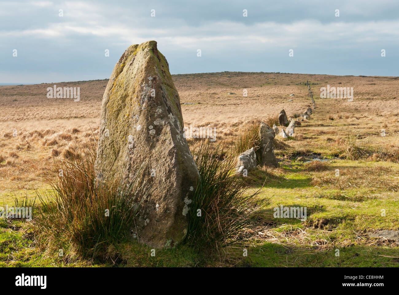Fila de piedra neolítica en Dartmoor Devon, Reino Unido Foto de stock