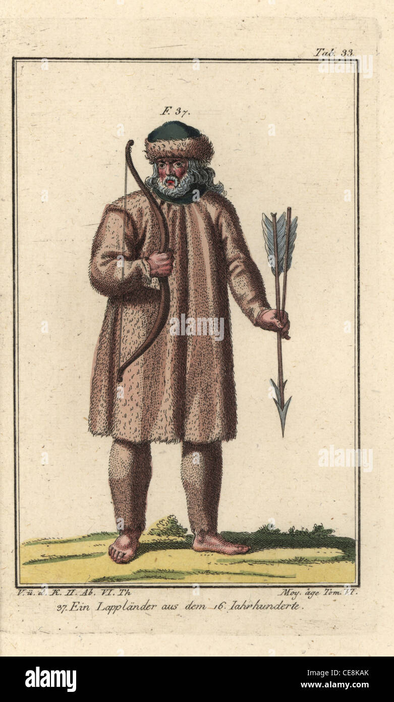 Laplander del 1600, vistiendo ropa y sombrero de piel fina. Foto de stock