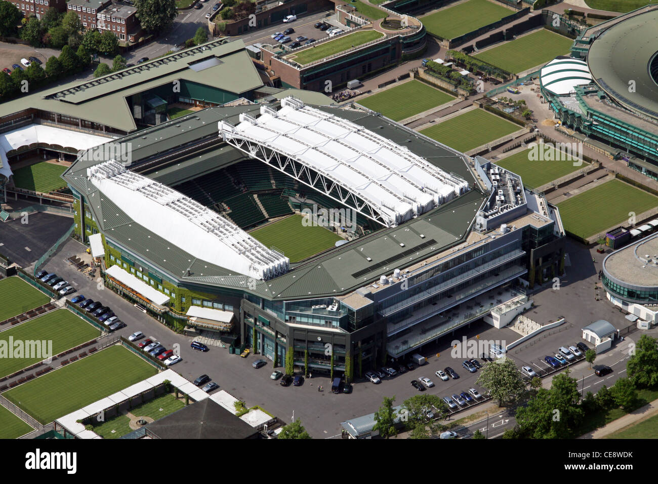 Imagen aérea, All England Club de Tenis de Wimbledon, el centro de la Cancha, London SW19 Foto de stock
