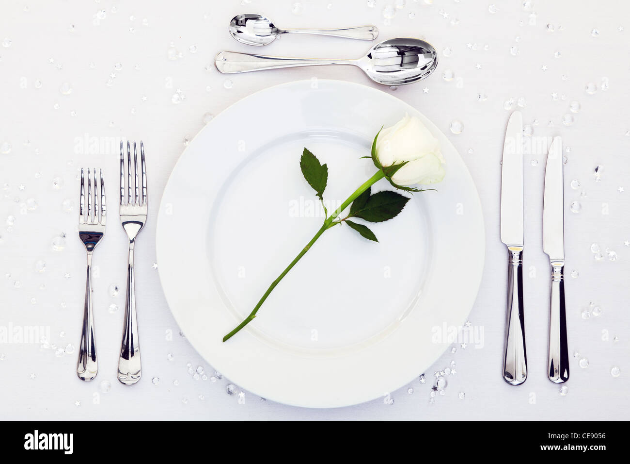 Foto de una tabla lugar con una rosa blanca en la placa. Foto de stock