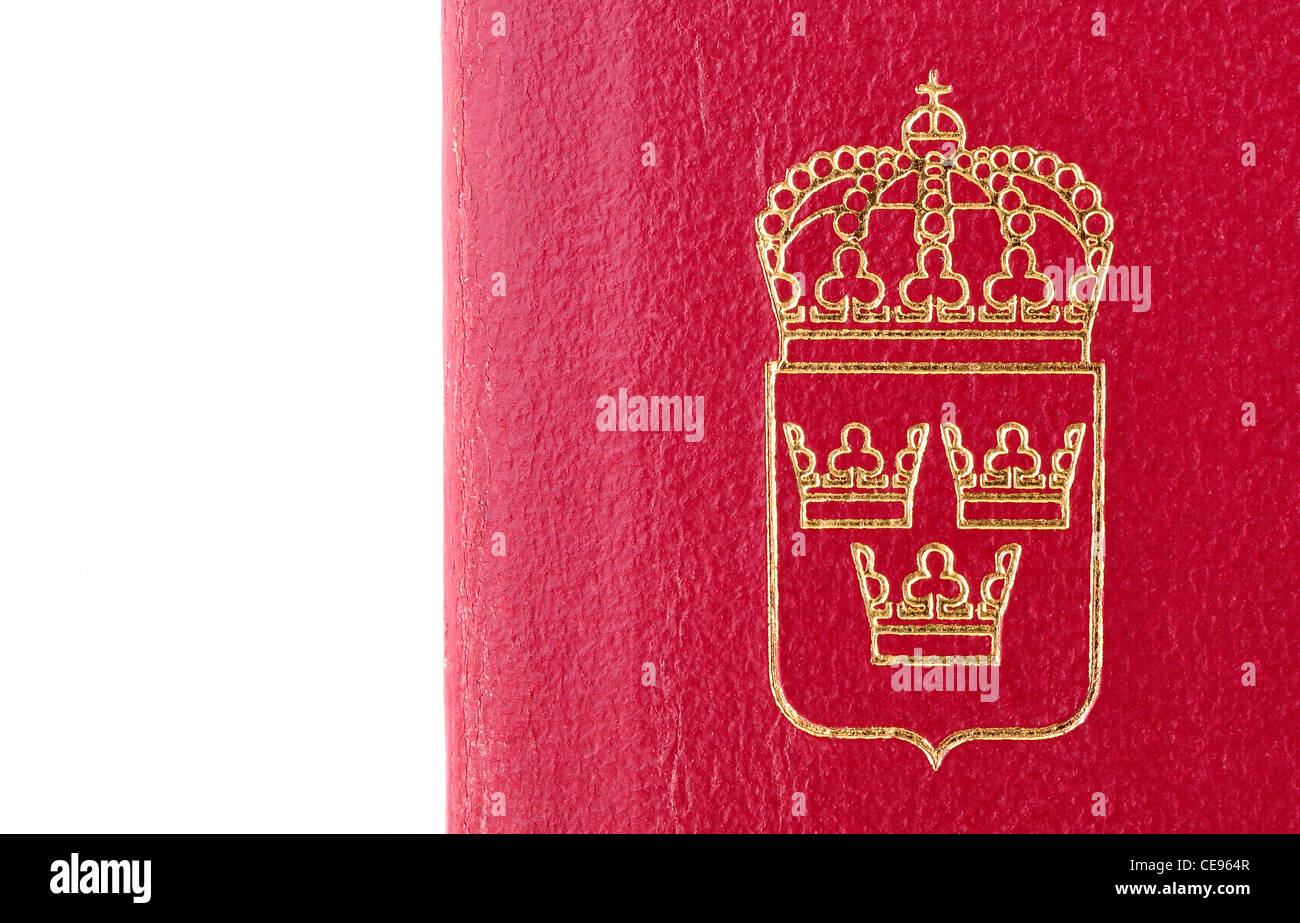Pequeño emblema, cresta de Suecia, sobre fondo de Borgoña Foto de stock