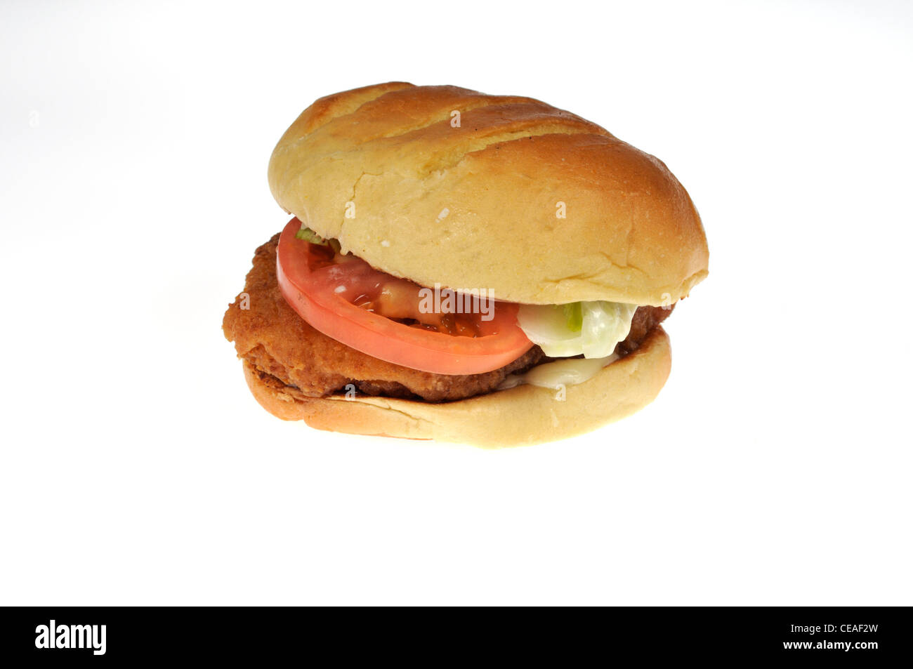 Burger King tendercrisp chicken sandwich con lechuga y tomate en rollo artesanal sobre fondo blanco recorte USA. Foto de stock