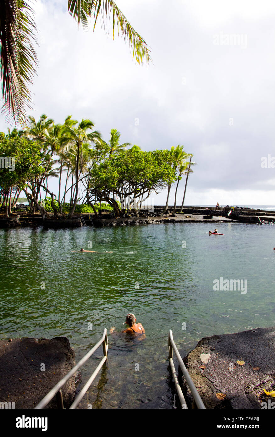 Los bañistas disfrutar de un relajante remojo en este estanque caliente en Kapoho punto en gran isla volcánica de la costa oriental, Hawai Foto de stock